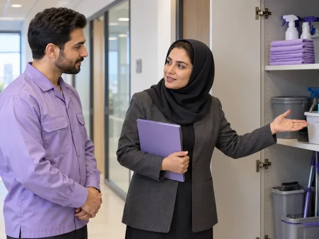 معرفی محل ابزار نظافت به نیروی خدماتی در کنار مسئول هماهنگی دفتر